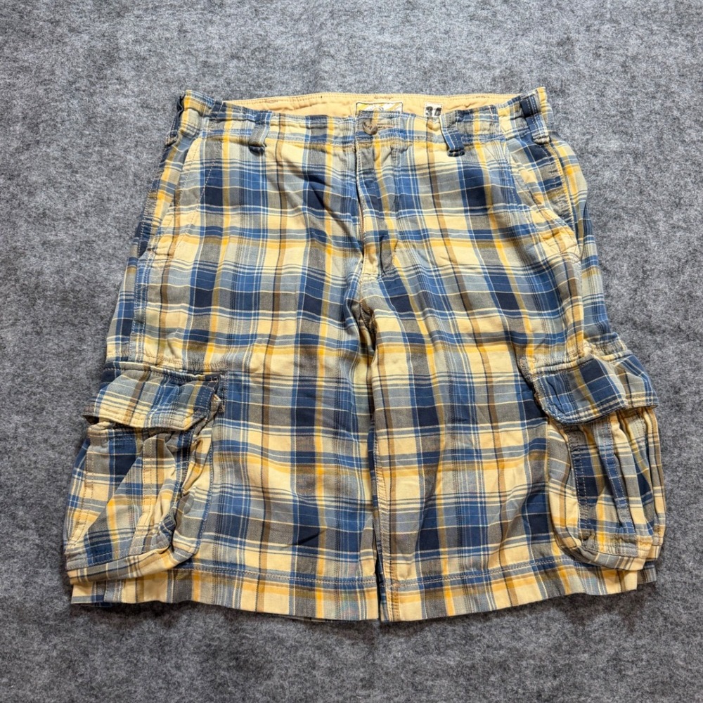 Vintage Y2K No Boundaries Plaid Mens 34 Plaid Blue Yellow Baggy Cargo Shorts
